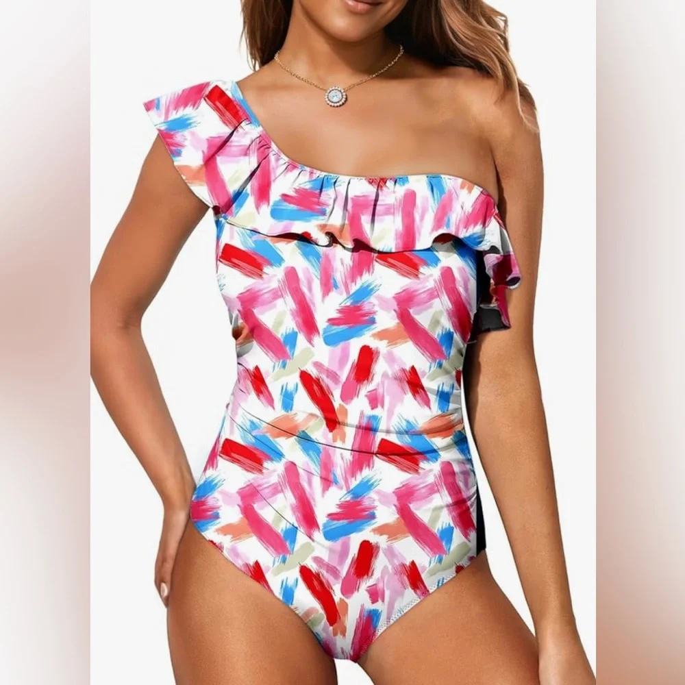 Colorful Ruffled One-Shoulder Swimsuit - Picture 3 of 3